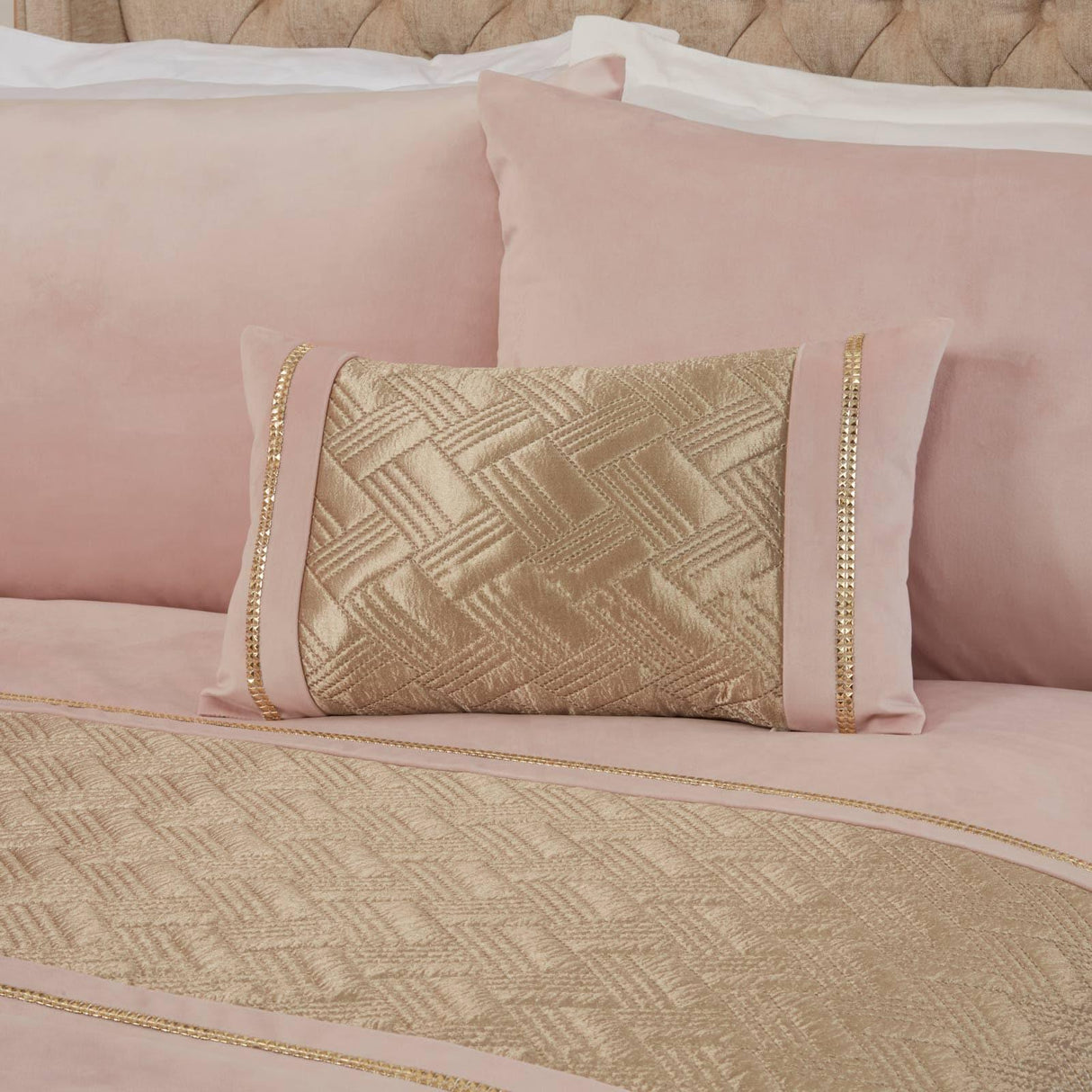 Capri Diamante Embellished Blush Pink & Gold Boudoir Cushion Filled Cushion Rapport