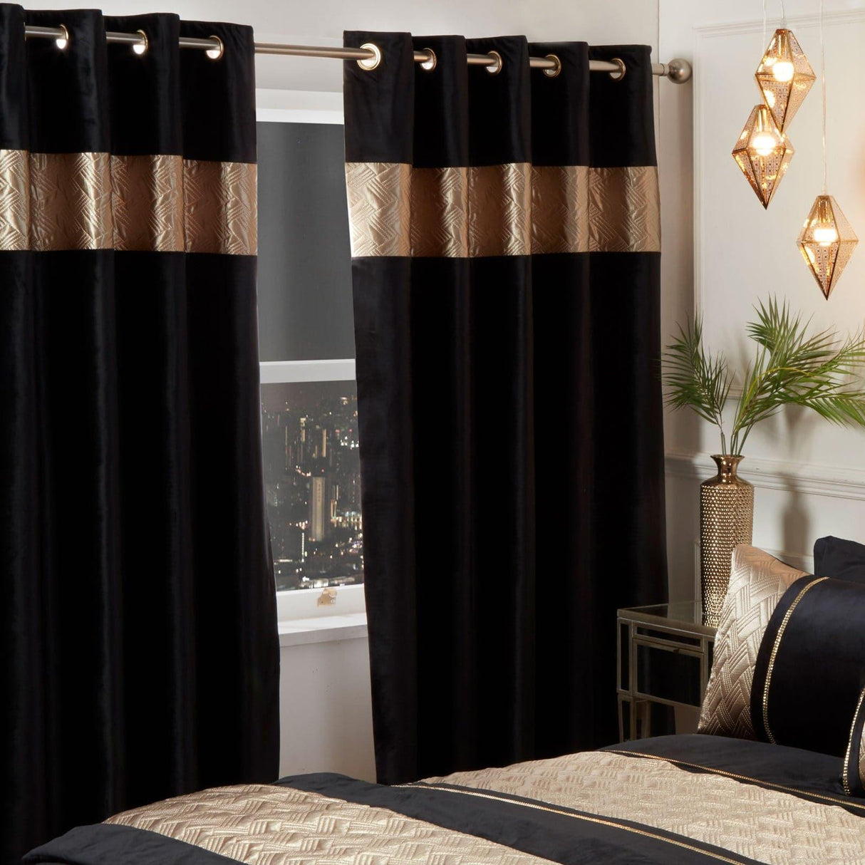 Capri Embellished Lined Eyelet Curtains Black & Gold Eyelet Curtains Rapport 66'' x 72''