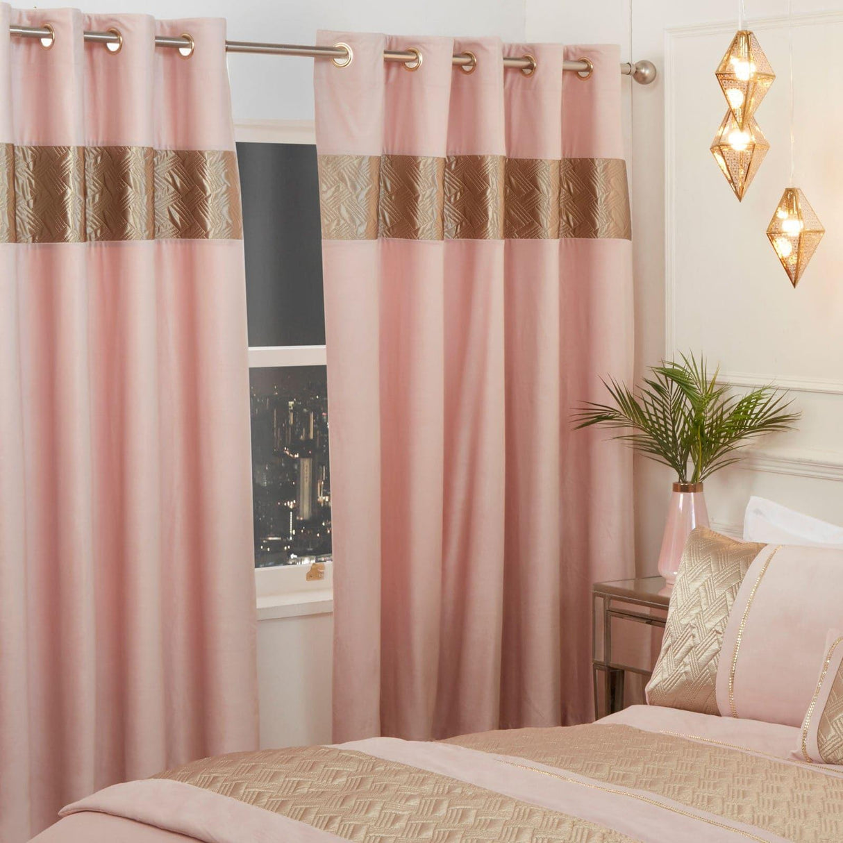 Capri Embellished Lined Eyelet Curtains Blush Eyelet Curtains Rapport 66'' x 72''