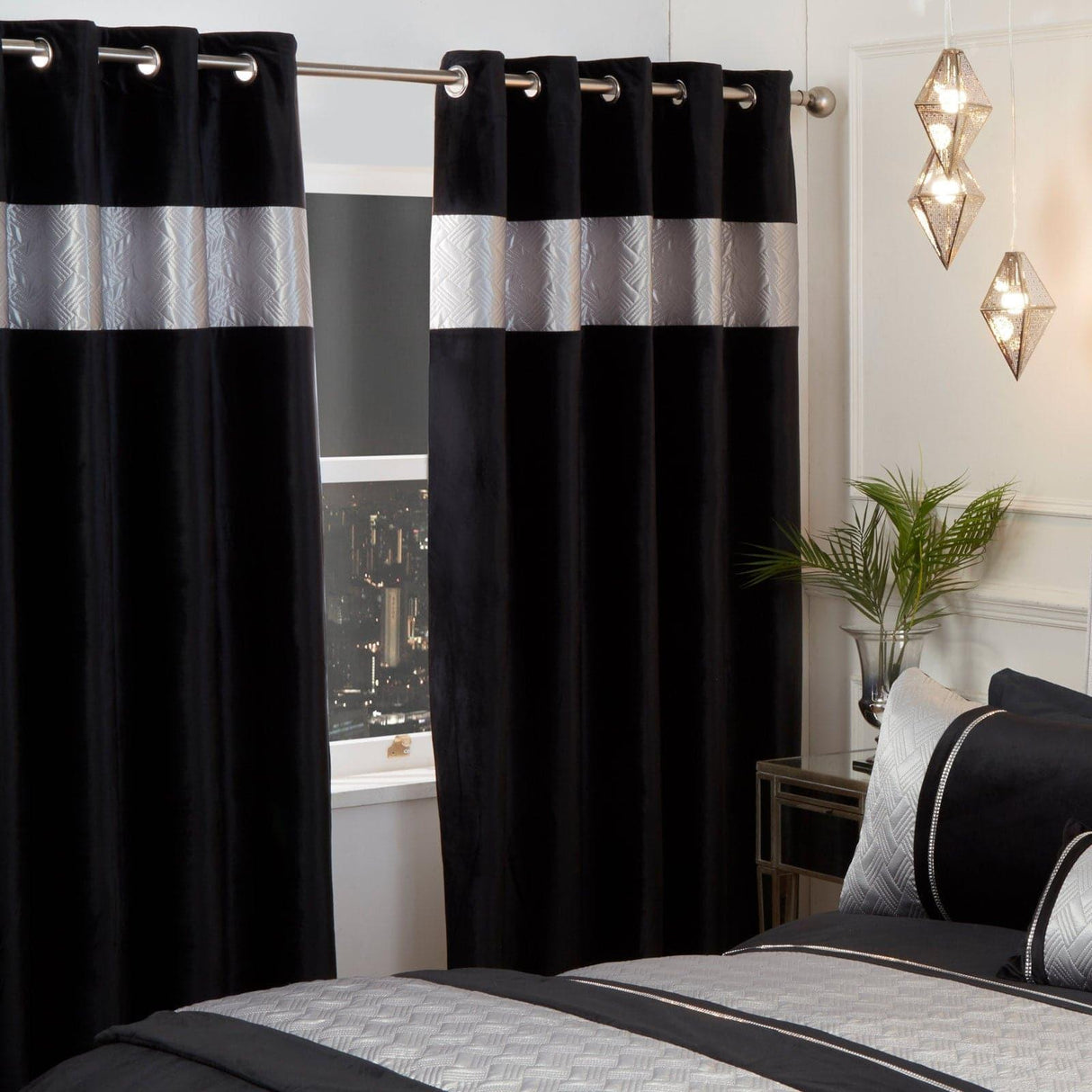 Capri Embellished Lined Eyelet Curtains Black & Silver Eyelet Curtains Rapport 66'' x 72''