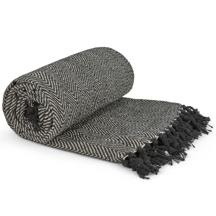 Herringbone Tasselled 100% Recycled Cotton Black Throws - 127cm x 152cm - Ideal Textiles
