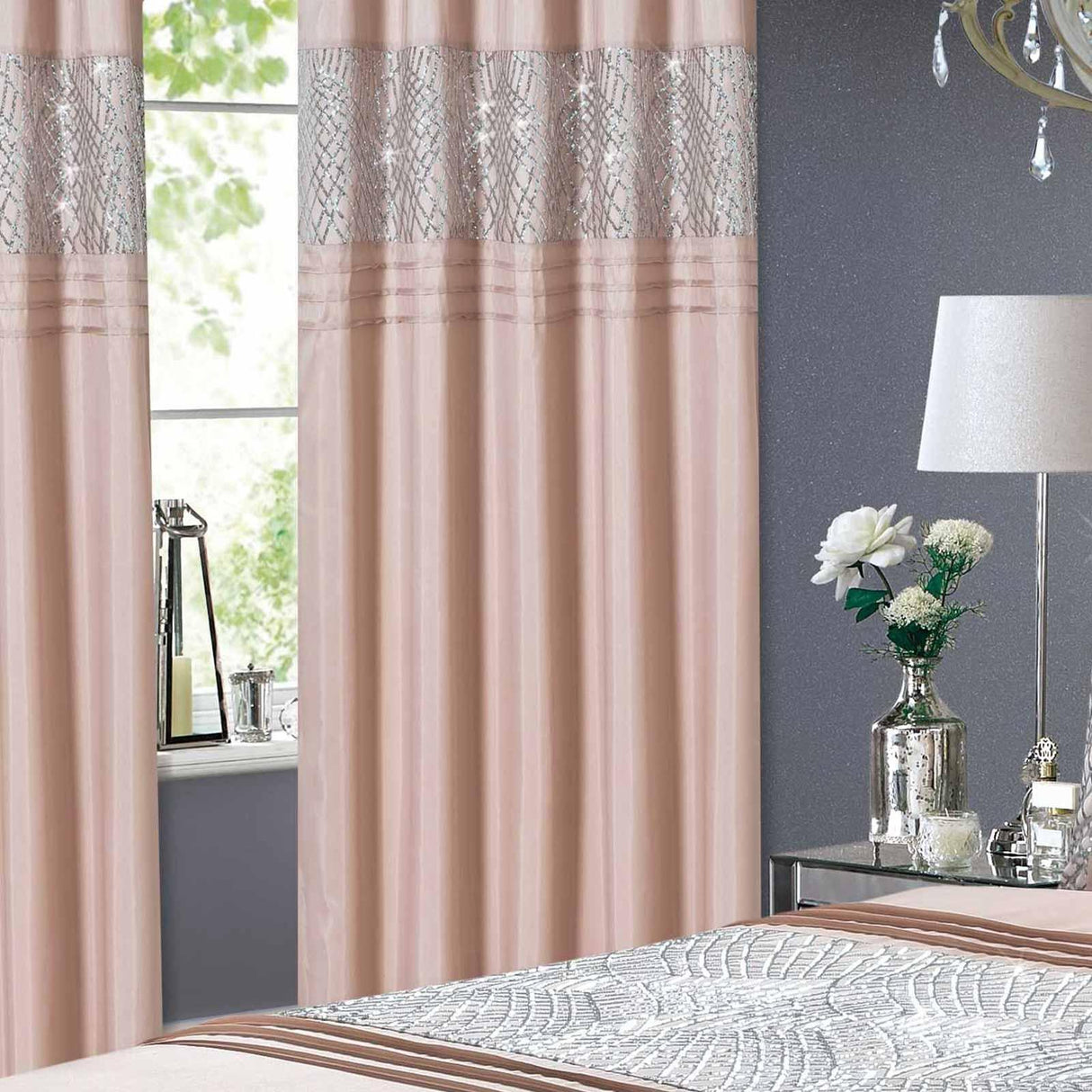 Charleston Sparkle Lined Eyelet Curtains Blush Eyelet Curtains Rapport 66'' x 72''