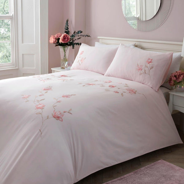 Margot Embroidered 100% Cotton Pink Duvet Cover Set - Ideal