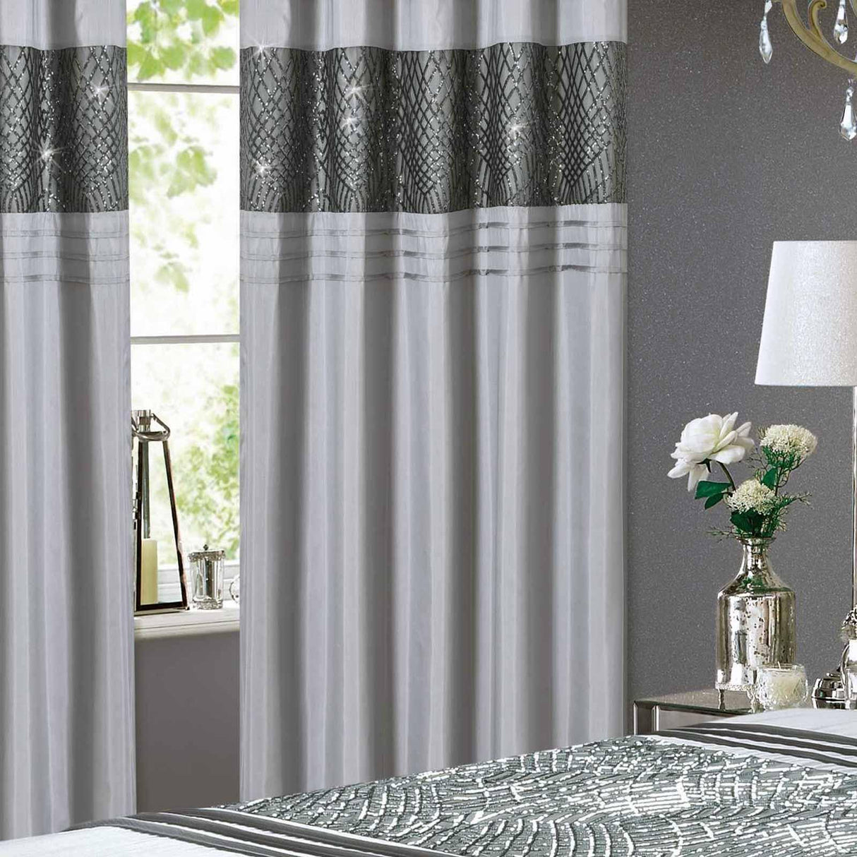 Charleston Sparkle Lined Eyelet Curtains Grey Eyelet Curtains Rapport 66'' x 72''