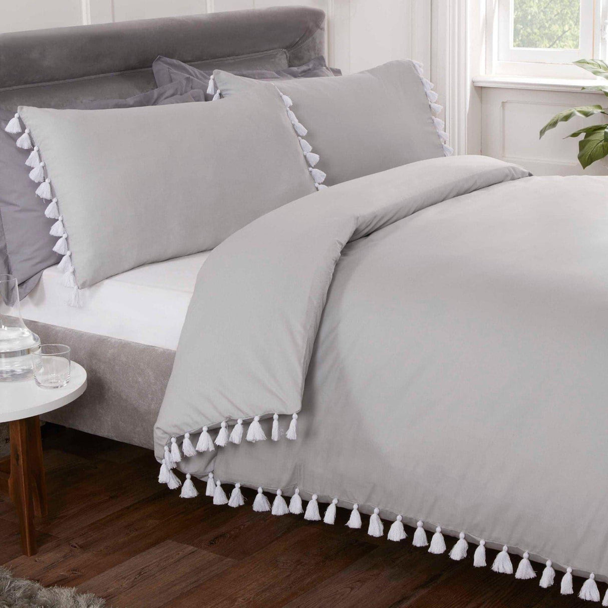 Chunky Tassel Trim Grey Duvet Cover Set Duvet Cover Rapport Single