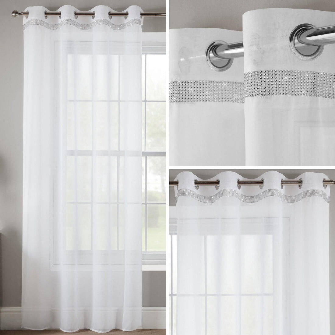 Glitter Diamante Eyelet White Voile Curtains Panels