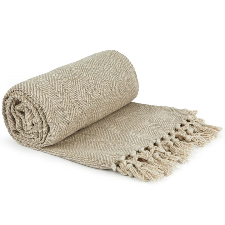 Herringbone Tasselled 100% Recycled Cotton Natural Throws - 127cm x 152cm - Ideal Textiles