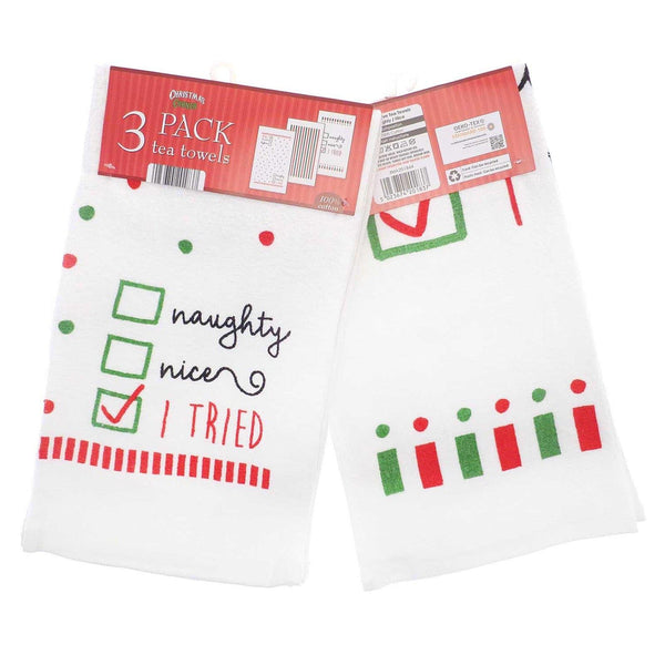 Set of 3 Naughty or Nice Christmas Tea Towels - Ideal