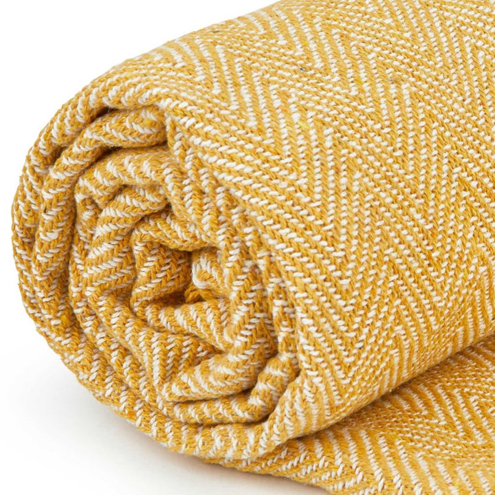Herringbone Tasselled 100% Recycled Cotton Ochre Throws -  - Ideal Textiles