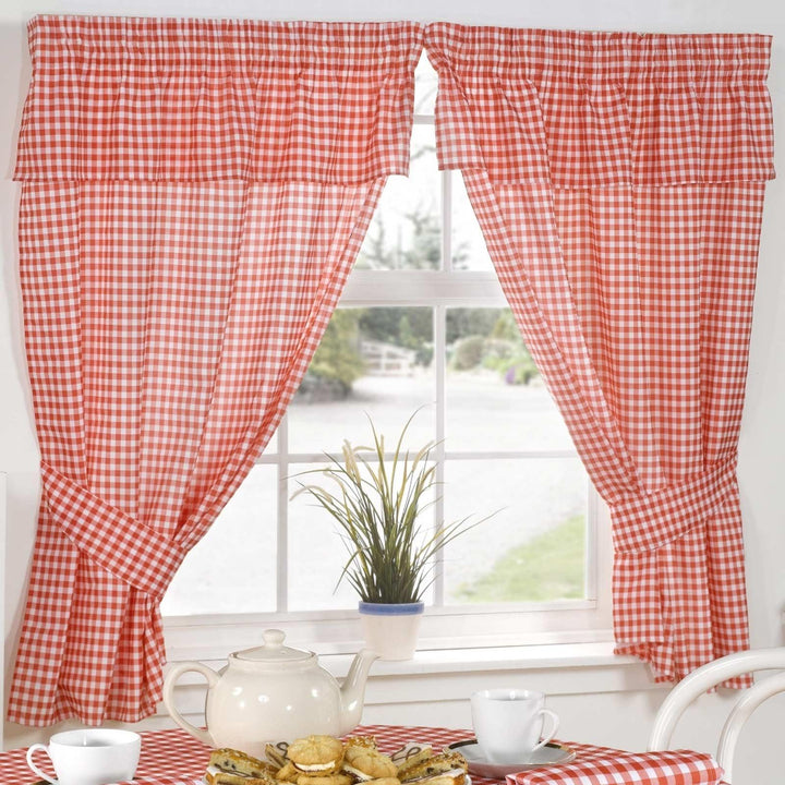 Molly Gingham Check Red Tape Top Kitchen Curtains Set - Ideal
