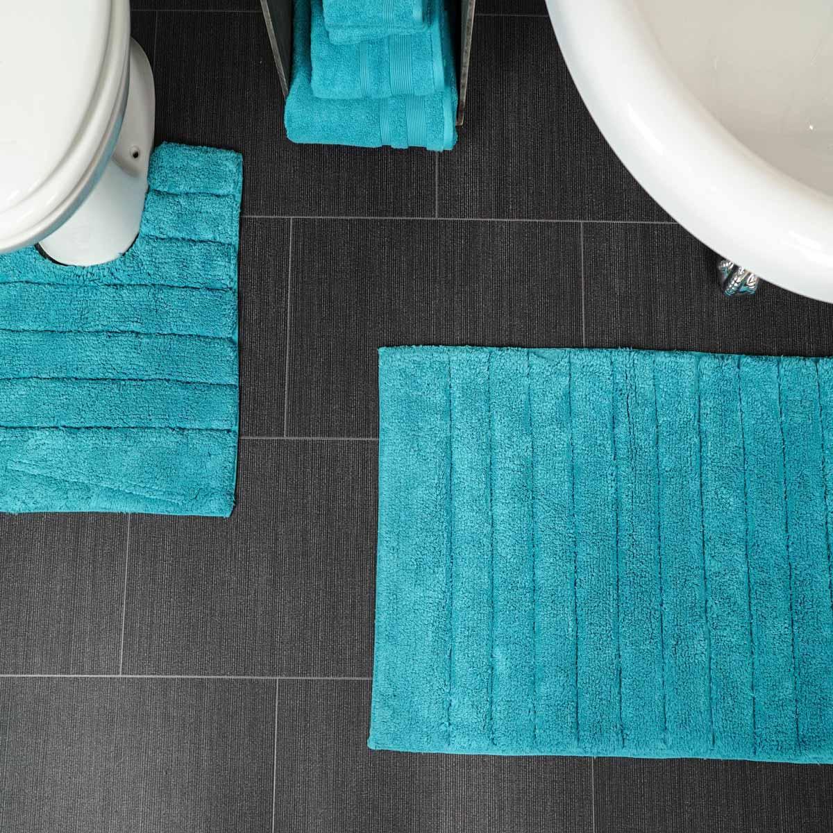 Linear Rib Cotton Bath & Pedestal Mat Set Turquoise Ideal Textiles