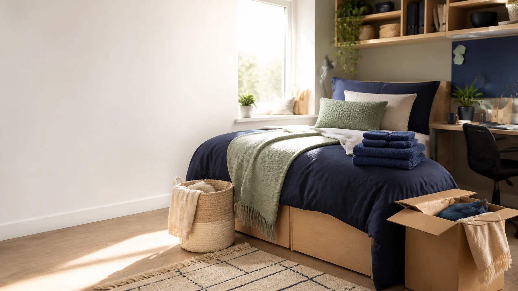 A calm student bedroom ready for the first night