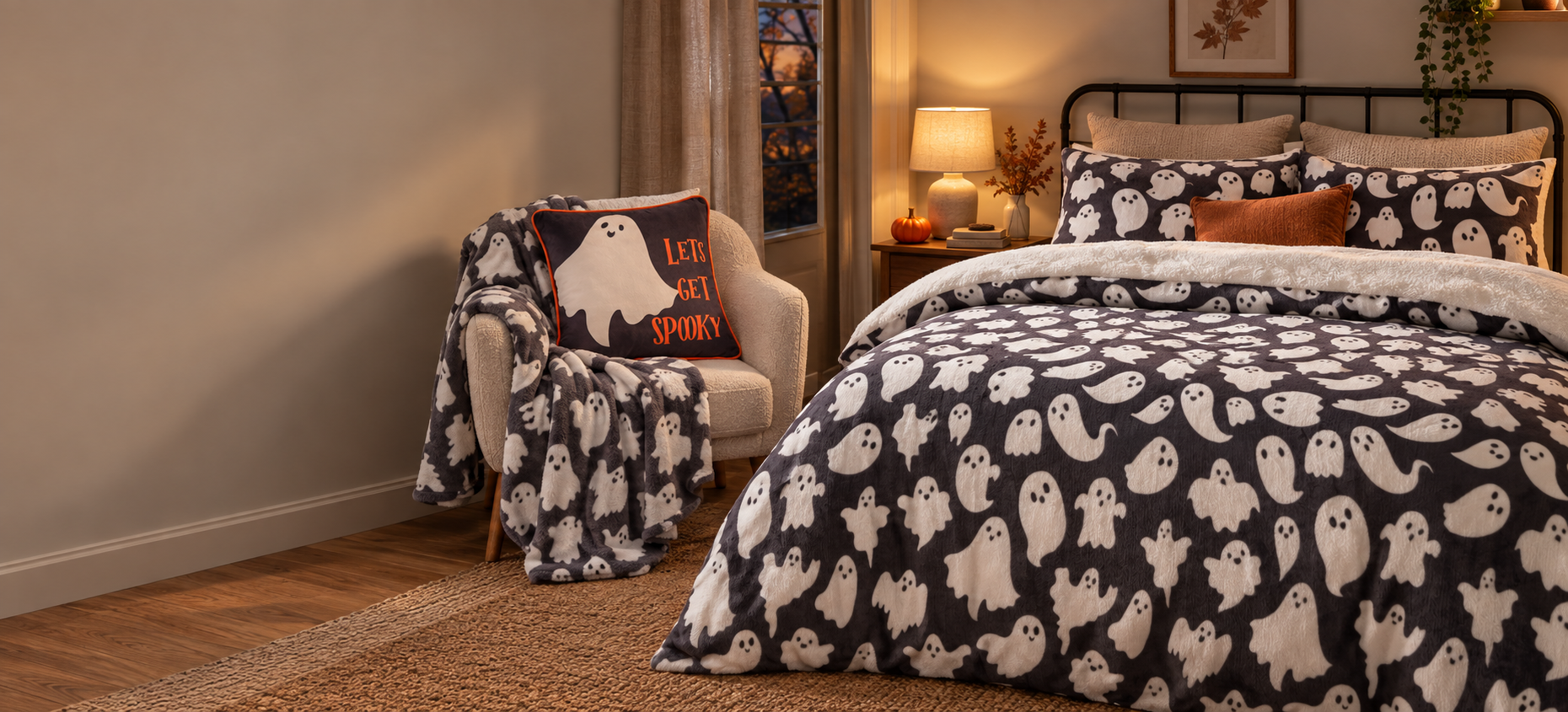 Ghosts & Ghouls bedding and cushions styled in a cosy bedroom