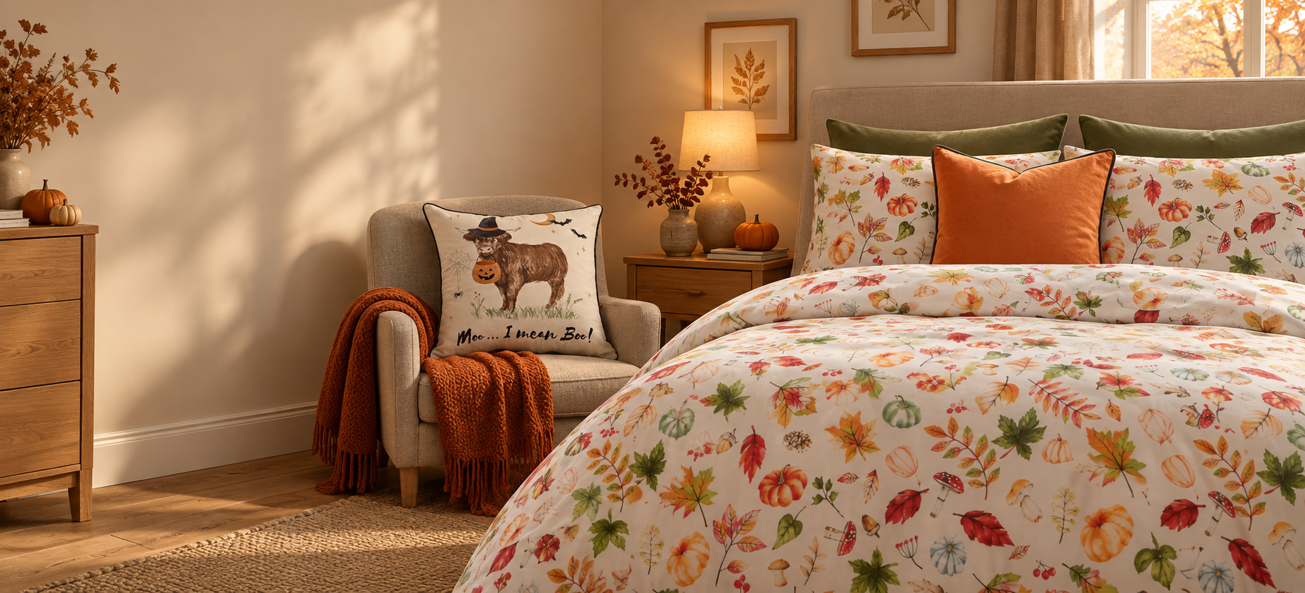 Pumpkin & Autumn bedding and cushions styled in a cosy bedroom