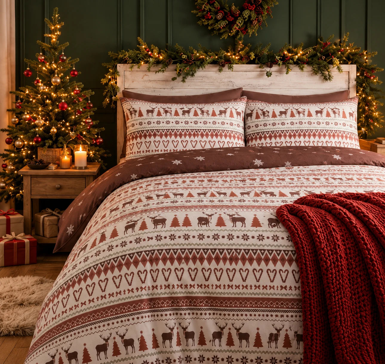 A Christmas bedroom with patterned bedding, a decorated tree and warm lights