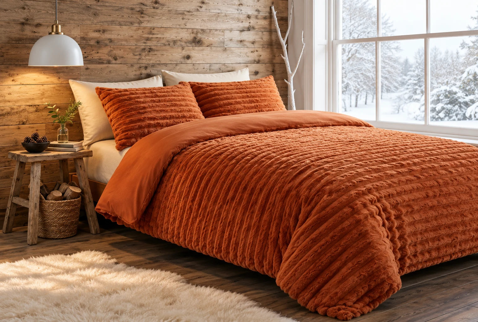 Rust orange faux fur bedding in a warmly lit wood-panelled bedroom