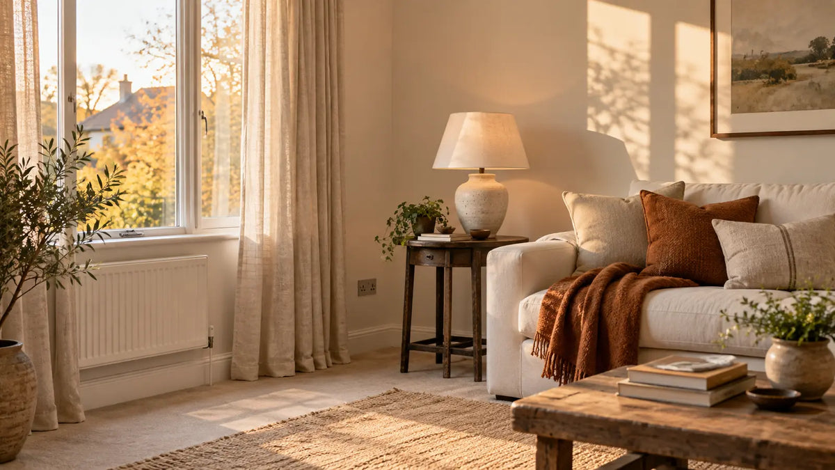 Modern new-build living room with aged wood, handmade ceramics and soft linen layers