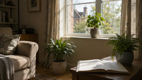 Houseplants positioned at different distances from a bright sitting room window