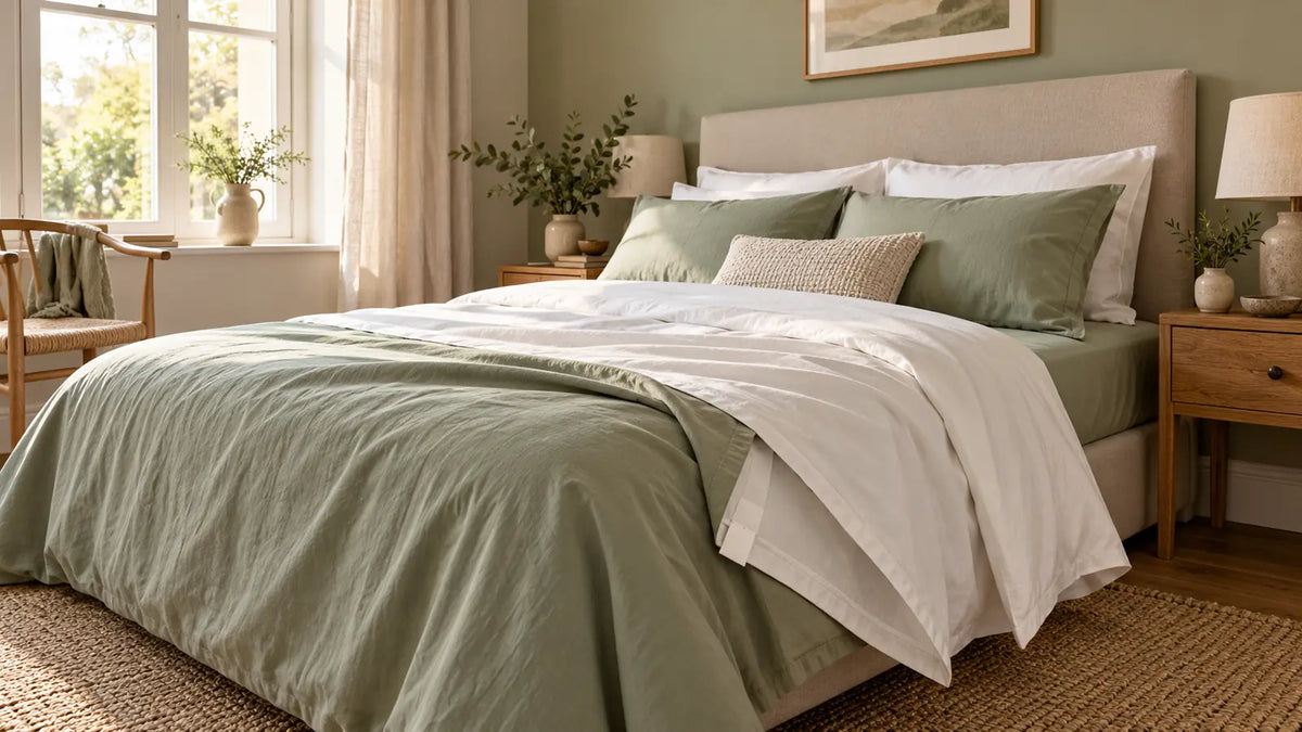 A neatly made bed with layered sage and white cotton sheets in soft morning light