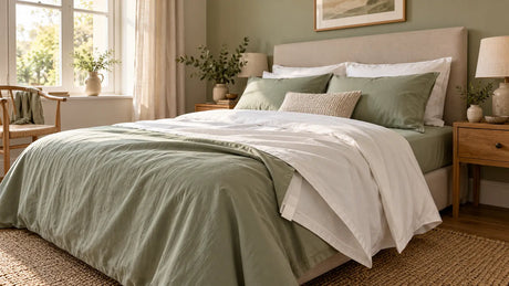 A neatly made bed with layered sage and white cotton sheets in soft morning light