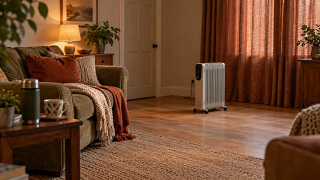 Warm British living room arranged as a safe temporary warm room with an electric heater in clear space