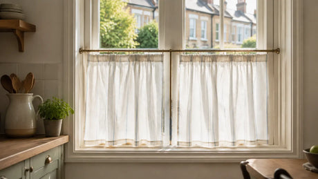 Street-facing British kitchen window with café curtains across the lower half