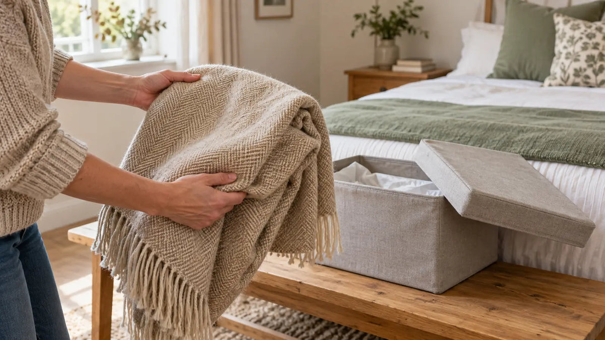 Hands inspecting the folds of an oatmeal throw beside a storage box in a bright bedroom