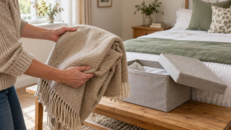 Hands inspecting the folds of an oatmeal throw beside a storage box in a bright bedroom