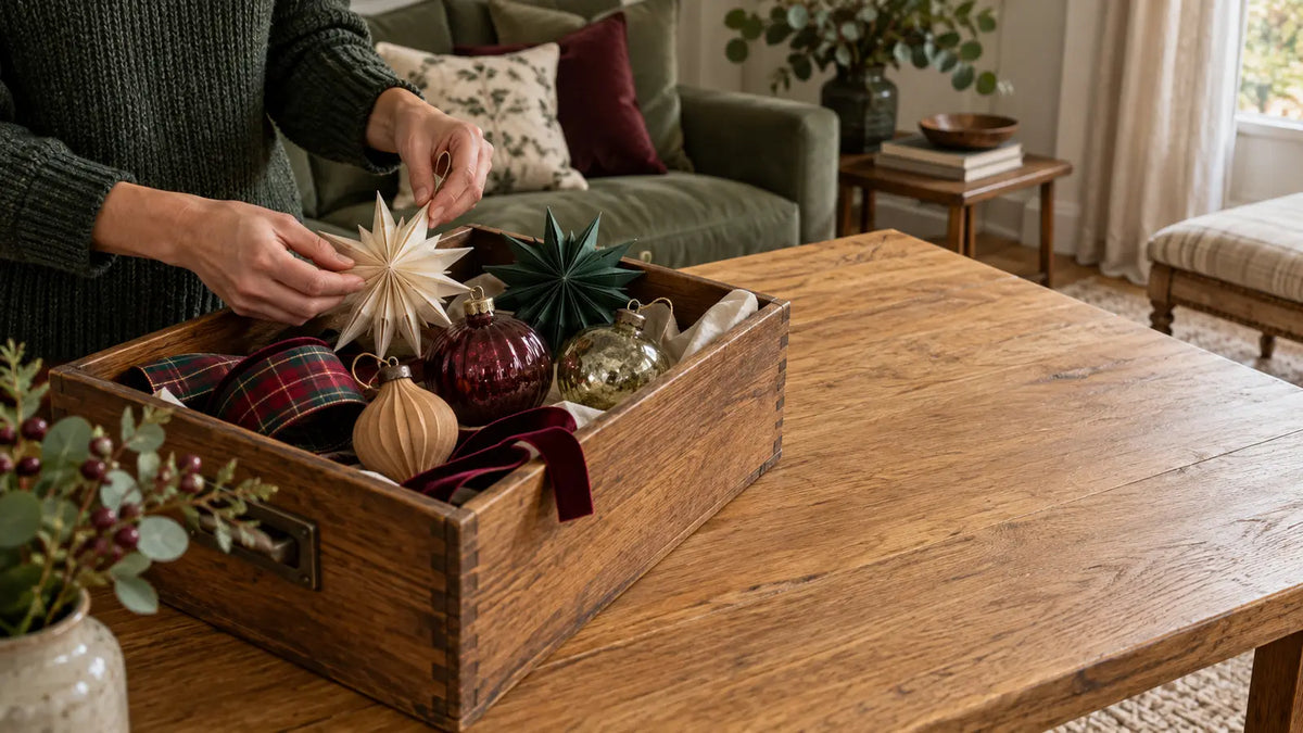 A one-box Christmas decoration palette being edited on an oak table