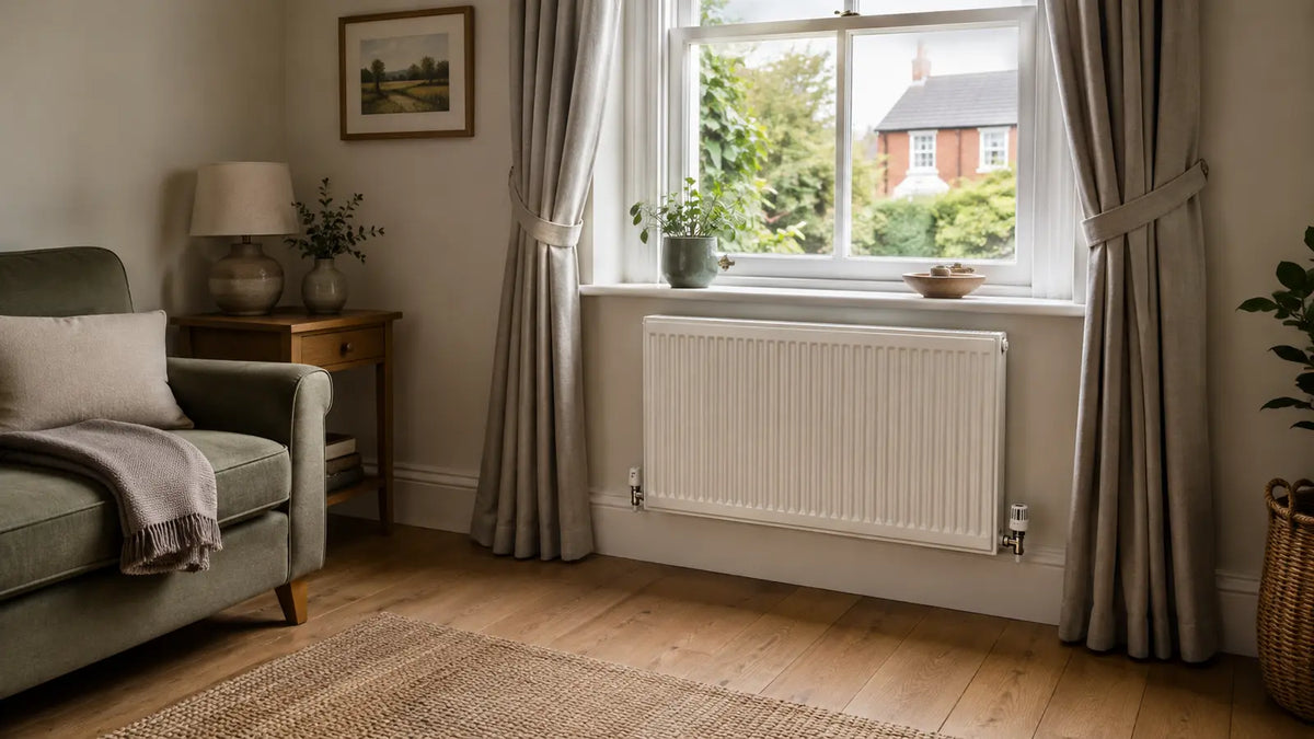 A clear radiator beneath a window with curtains held safely to each side