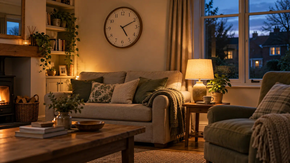 Warm British living room at dusk with an analogue wall clock