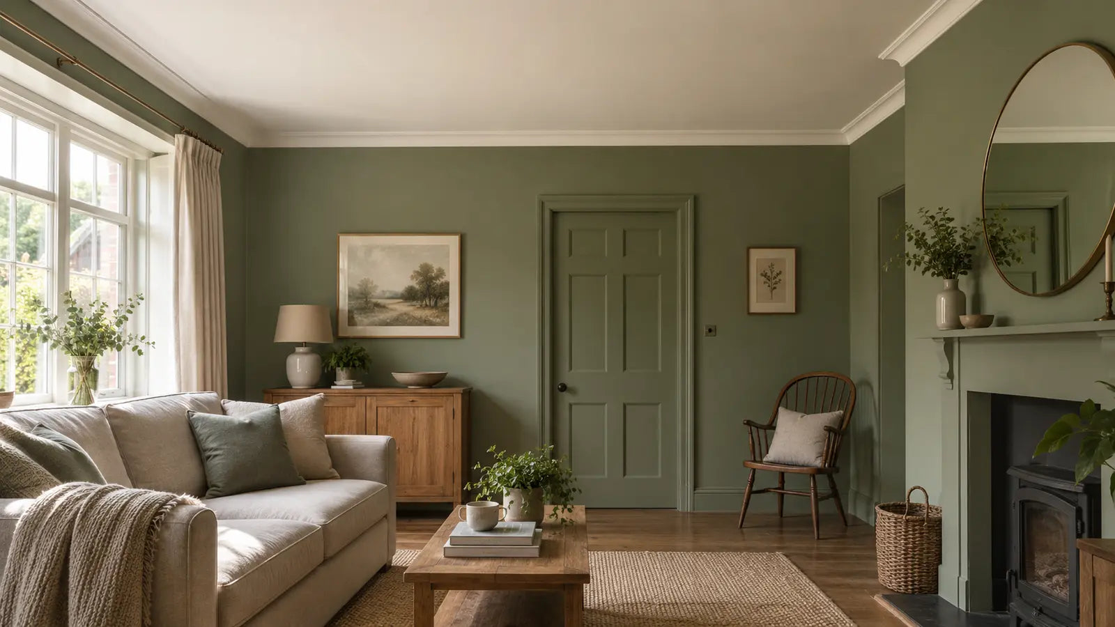 Sage green living room with a soft warm white cloud-capped ceiling