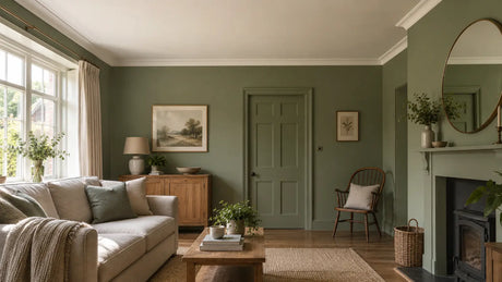 Sage green living room with a soft warm white cloud-capped ceiling