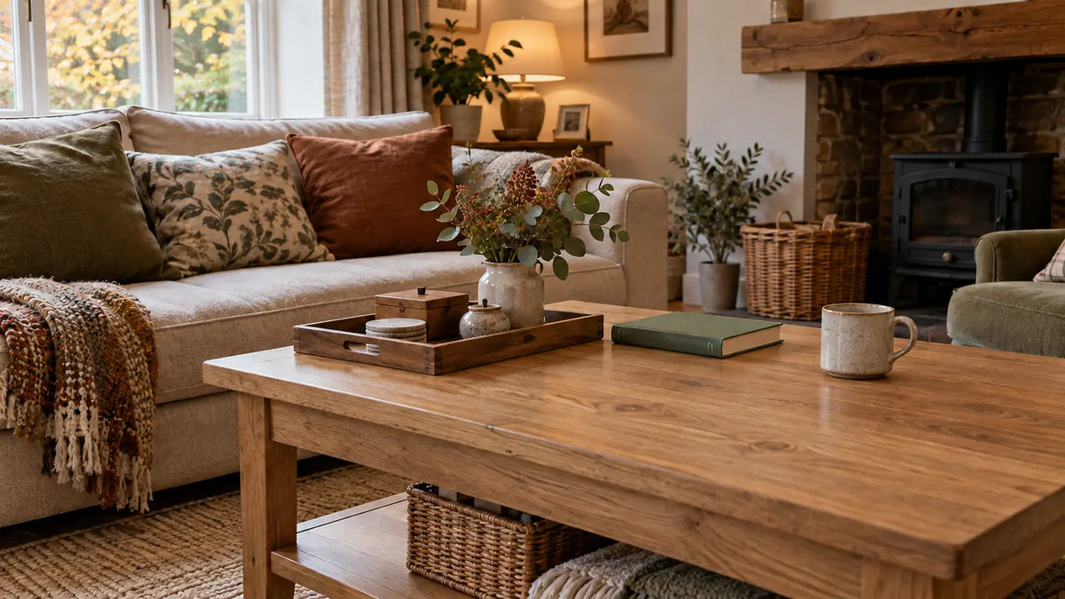 Warm living room with a one-lift tray and clear space on an oak coffee table