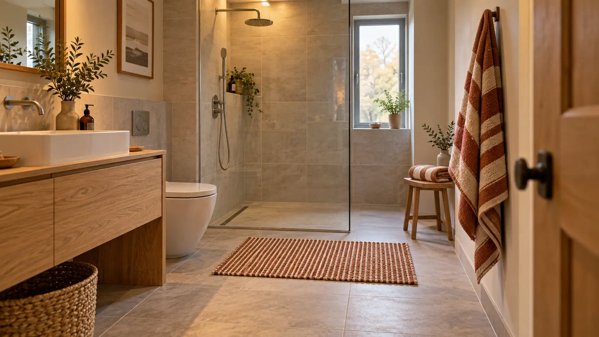 Warm autumn bathroom with a secure striped bath mat, accessible towels and a clear dry route