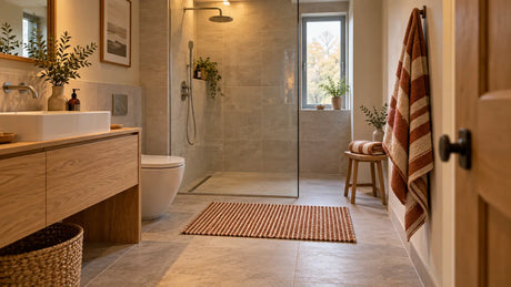 Warm autumn bathroom with a secure striped bath mat, accessible towels and a clear dry route