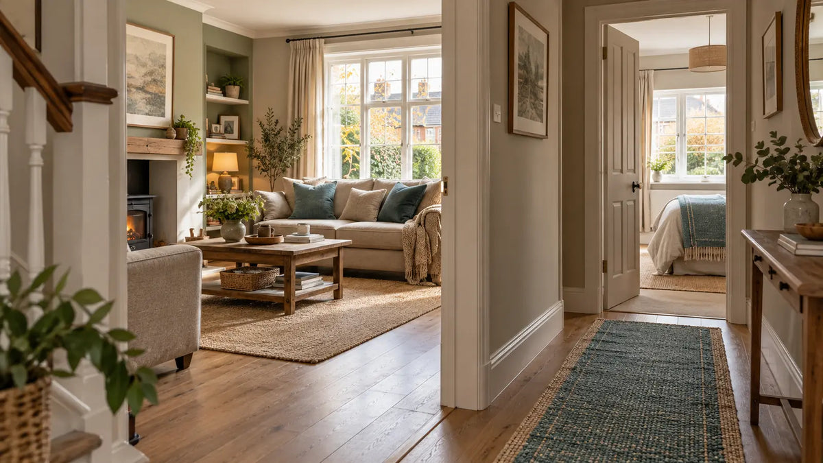 Connected UK rooms with a muted teal colour repeated in a runner, cushions and folded throw
