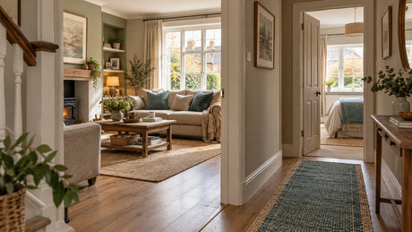 Connected UK rooms with a muted teal colour repeated in a runner, cushions and folded throw
