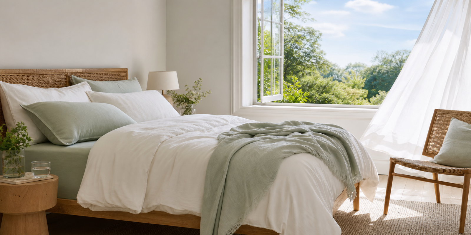 Light cotton bedding on a bed, styled for a warm summer night