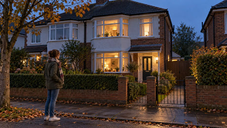 Homeowner viewing a warmly lit British house from the pavement at dusk