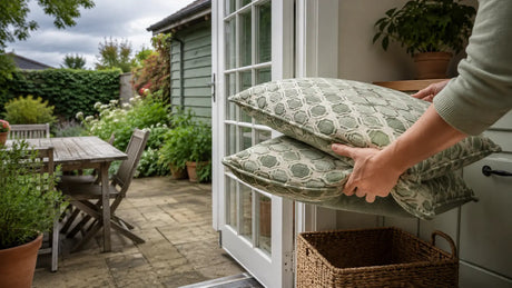 Outdoor cushions being carried indoors from a British patio before rain