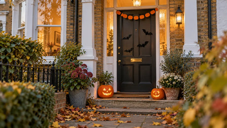 Wildlife-safe Halloween decorations on a British front door with no fake webbing outdoors