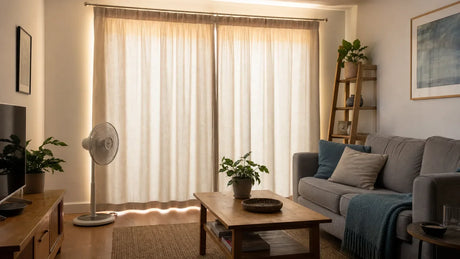 A shaded living room with closed curtains and a portable fan during hot weather
