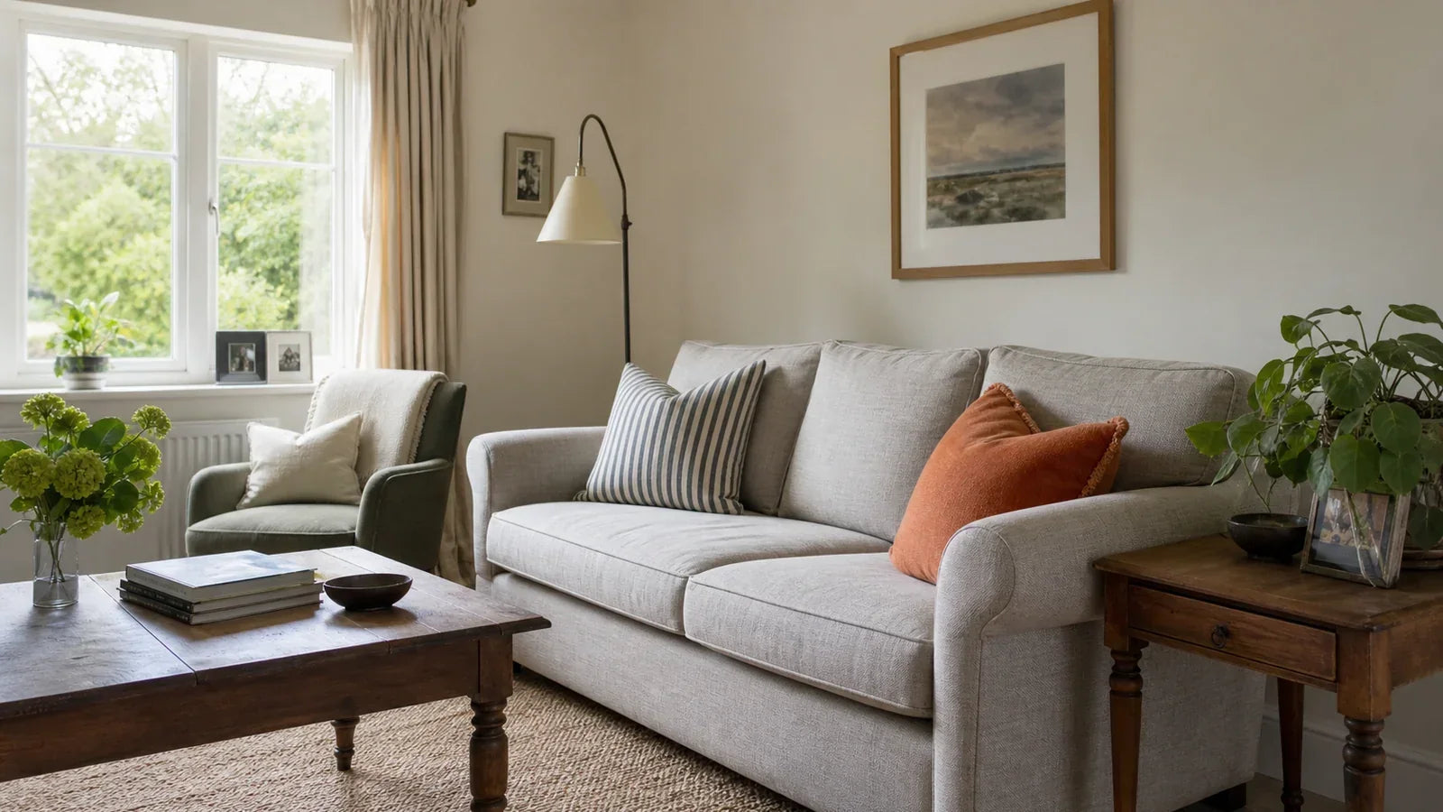 A lived-in British living room mixing classic furniture with striped and warm orange accents