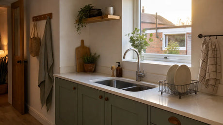 A calm contemporary UK kitchen with a clean sink and uncluttered worktop in warm evening light