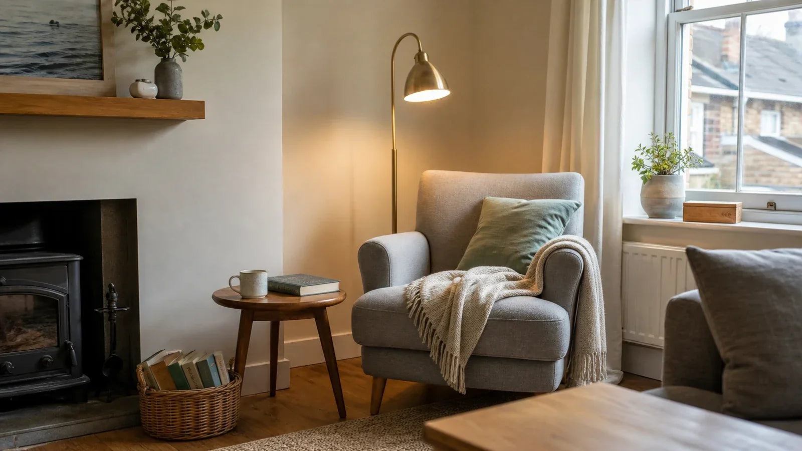 A comfortable reading nook in the corner of a modest UK living room with an armchair, lamp and books