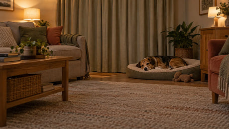 Calm dog resting in a softly lit living room with the curtains closed