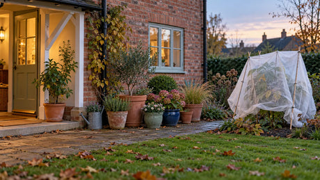 Three-place frost plan with a porch, sheltered pots and a covered garden plant