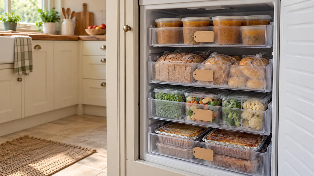 Open freezer in a British kitchen organised into four labelled zones for batch cooking