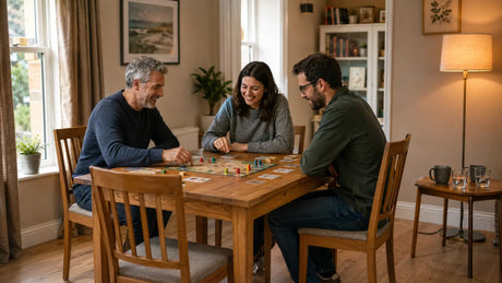 Three adults playing a board game at an ordinary dining table